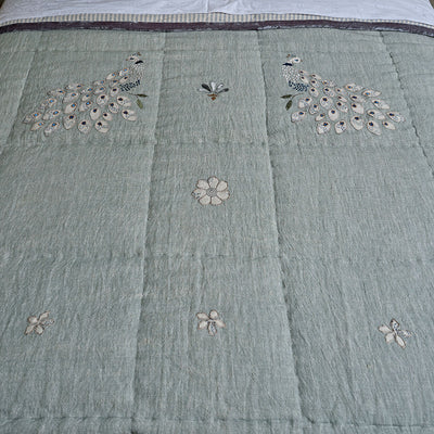 Azure Blue Embroidered Peacocks Linen Quilt – Super King