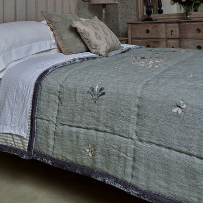 Azure Blue Embroidered Peacocks Linen Quilt – Super King