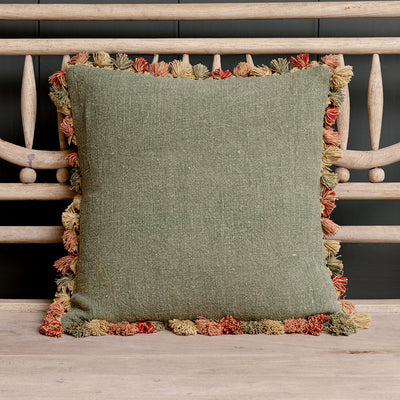 Smokey Green Rustic Linen Cushion with Tassels