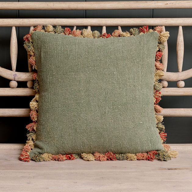 Smokey Green Rustic Linen Cushion with Tassels