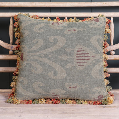 Smokey Blue Natasha Rustic Linen Cushion with Tassels