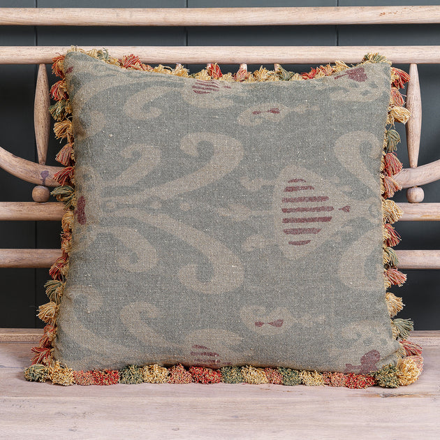 Smokey Blue Natasha Rustic Linen Cushion with Tassels