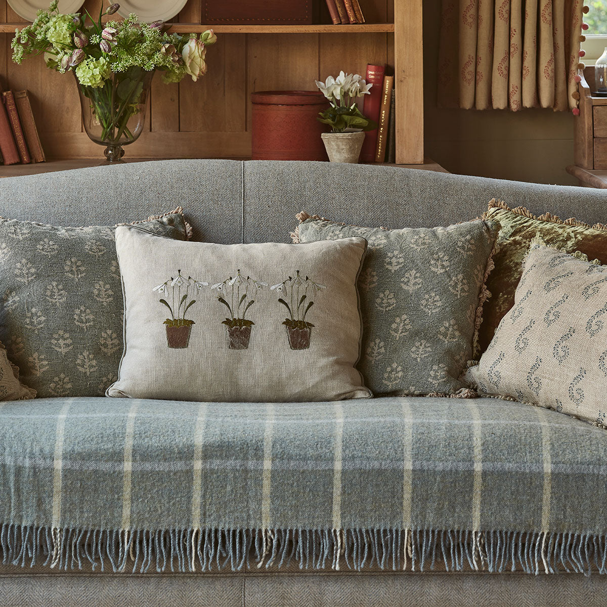 Embroidered Three Snowdrops Smokey Blue Linen Cushion