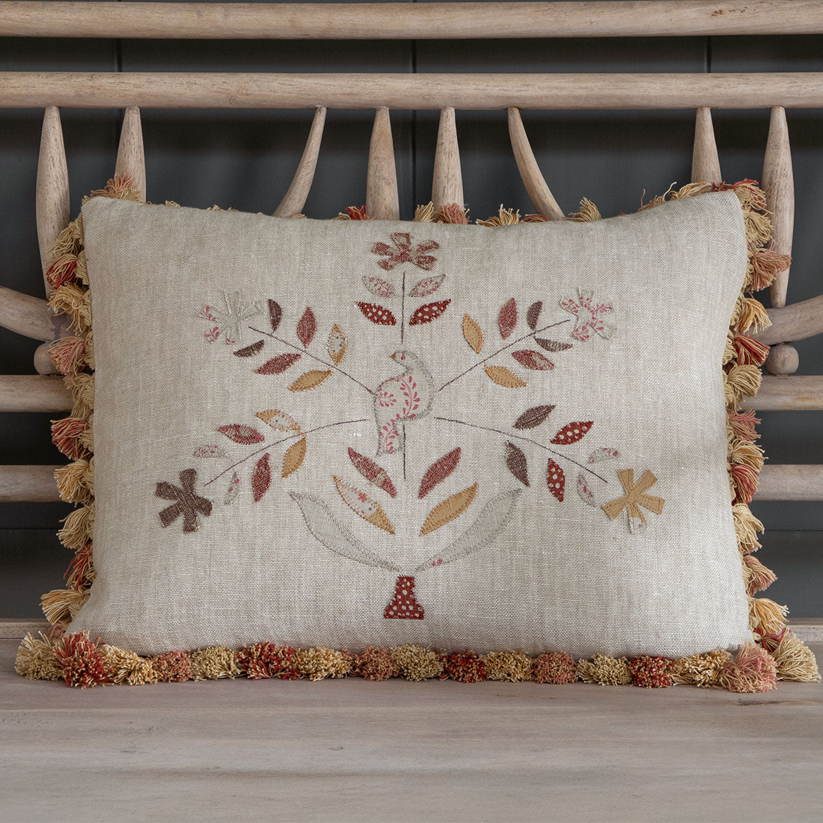 Saffron Freja Bird Tree Rustic Linen Cushion