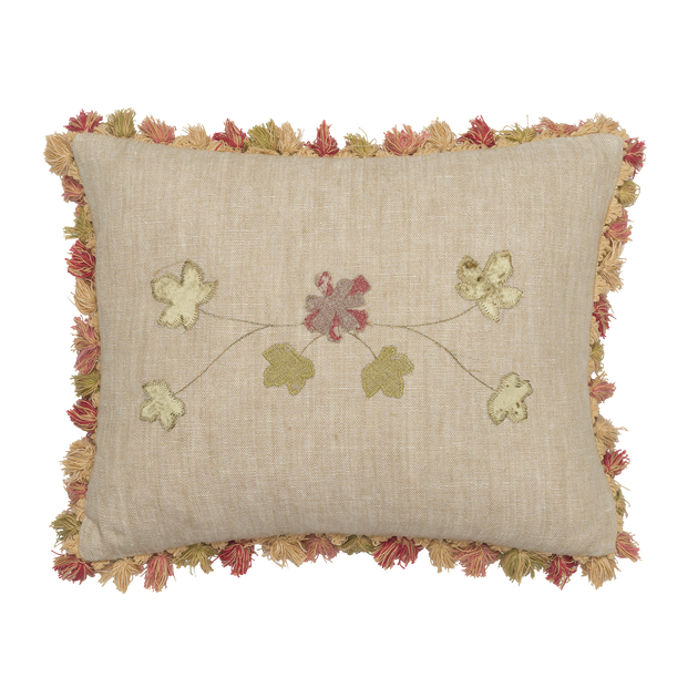 Embroidered Summer Garland cushion on Rustic Linen