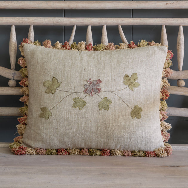 Embroidered Summer Garland cushion on Rustic Linen