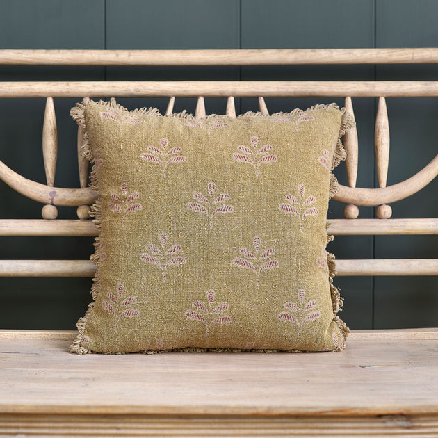 Summer Green Reverse Leaf Rustic Linen Cushion