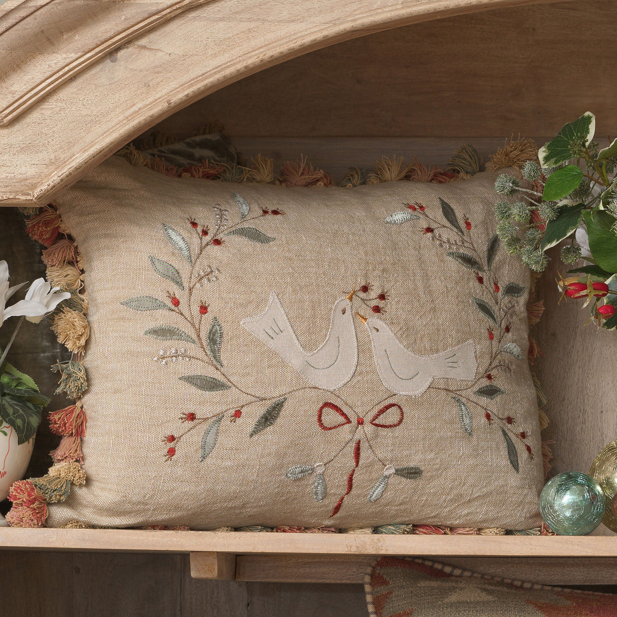 Two Turtle Doves Cushion with Tassels