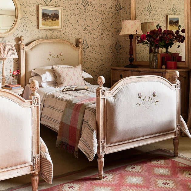 Upholstered Single Bed in Embroidered Pink Rose - Slight Seconds