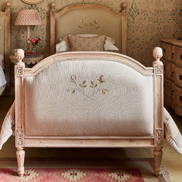 Upholstered Single Bed in Embroidered Pink Rose - Slight Seconds