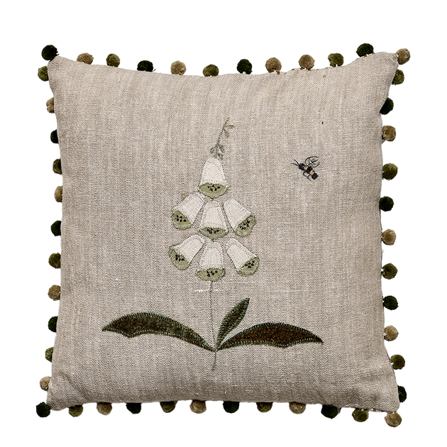 White Foxglove on Rustic Linen with Pompoms