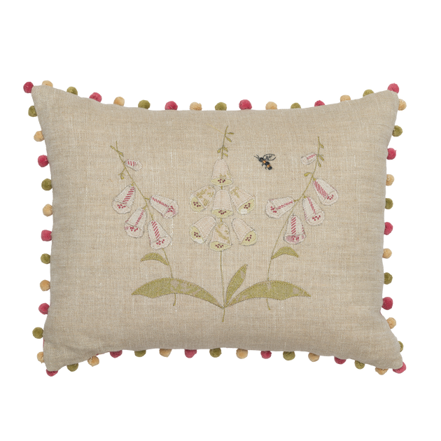 Embroidered White Foxgloves Rustic Linen Cushion