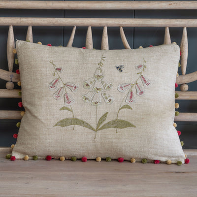 Embroidered White Foxgloves Rustic Linen Cushion