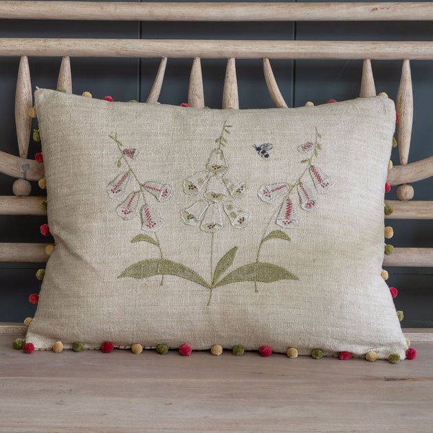 Embroidered White Foxgloves Rustic Linen Cushion