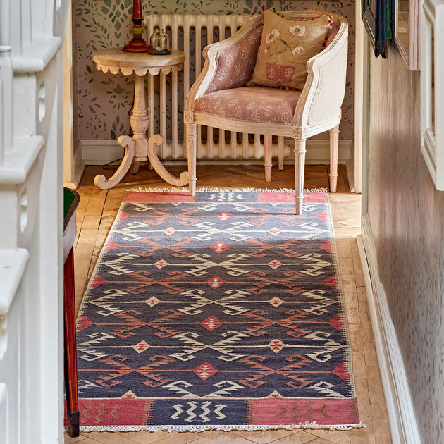 Wool Kilim Runner - Blue, Rust, Ivory Serrif