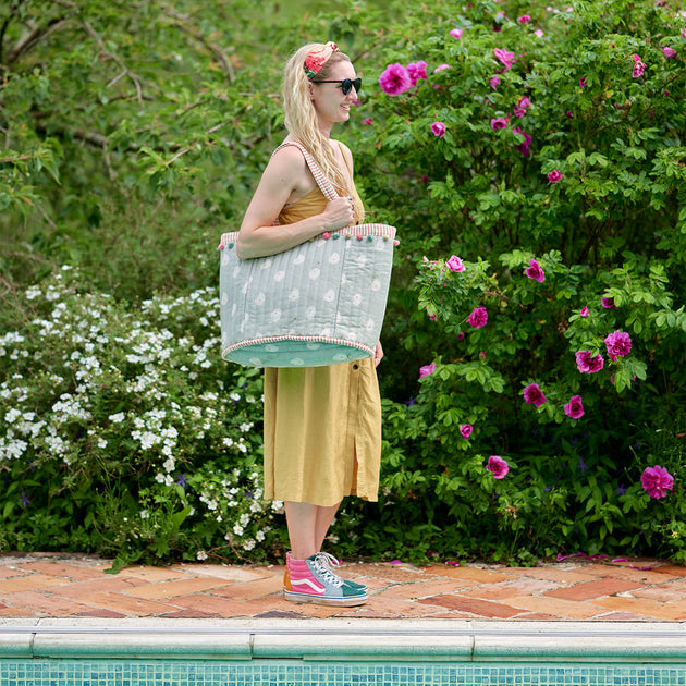 Duck Egg Mika Beach Bag with Pom Poms