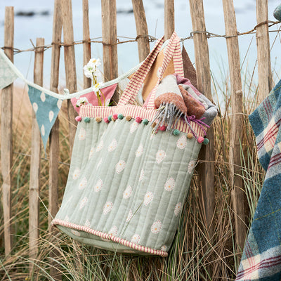 Duck Egg Mika Beach Bag with Pom Poms