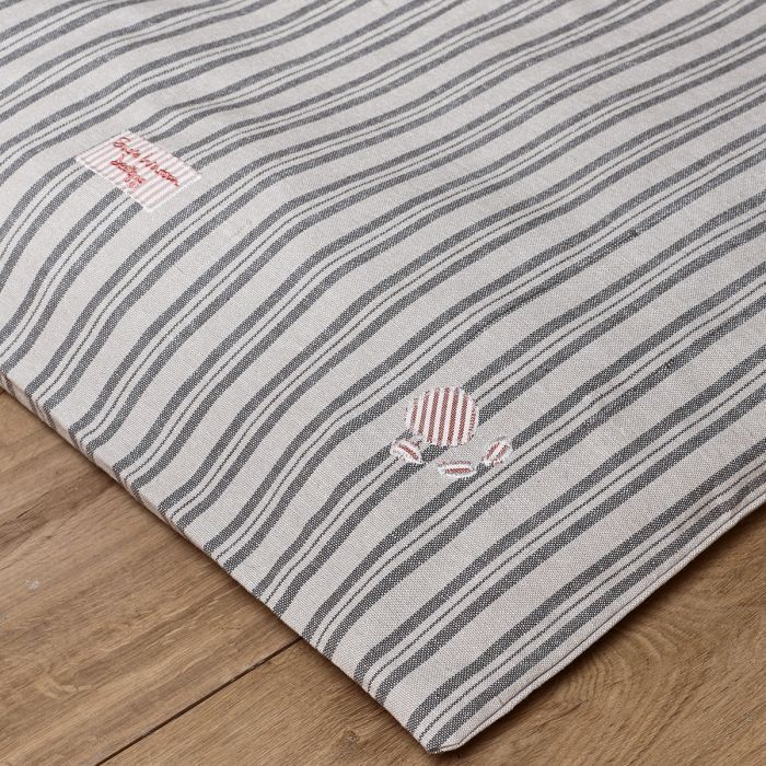 Charcoal stripe cotton dog bed mattress with embroidered paw detail