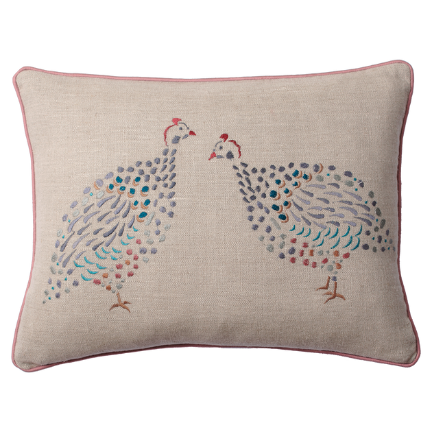 Guinea Fowl Pair Embroidered Linen Cushion