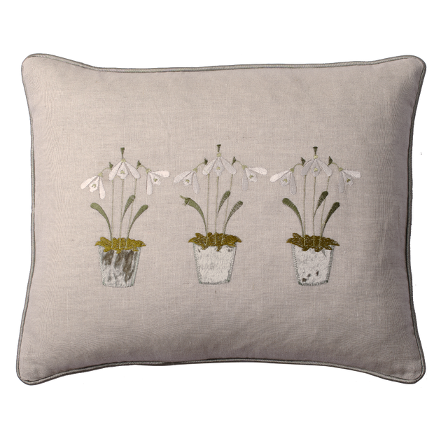 Embroidered Three Snowdrops Smokey Green Linen Cushion