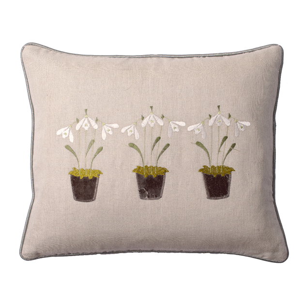 Embroidered Three Snowdrops Charcoal Linen Cushion