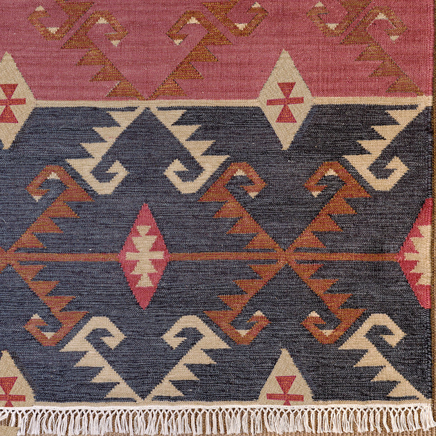 Wool Kilim Runner - Blue, Rose Red Serrif