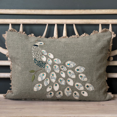 Embroidered Peacock Shalini Linen Cushion