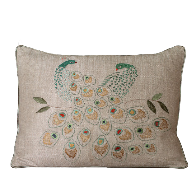 Embroidered Peacock Pair Linen Cushion