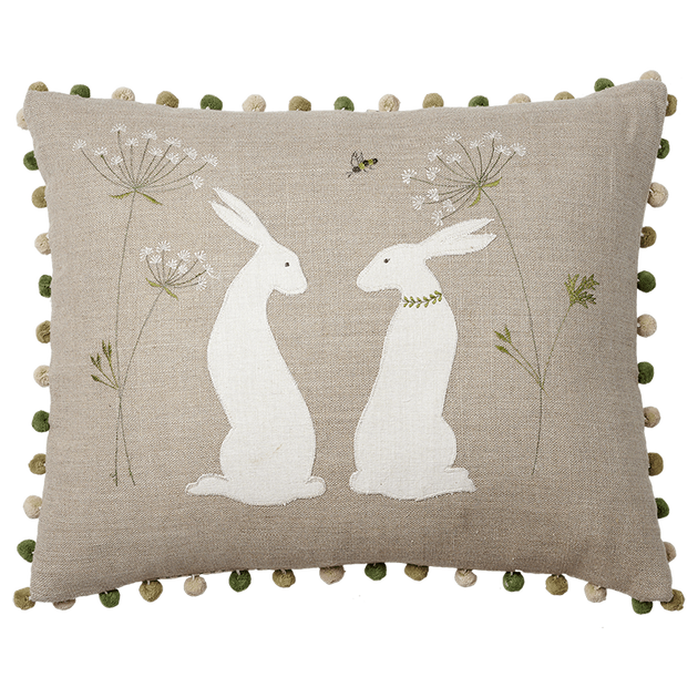 Embroidered Summer Hares Linen Cushion