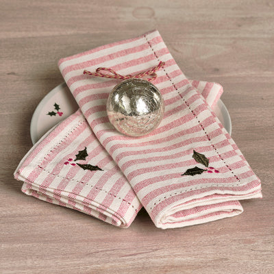 Holly Napkins - Red Stripe (set of 4)