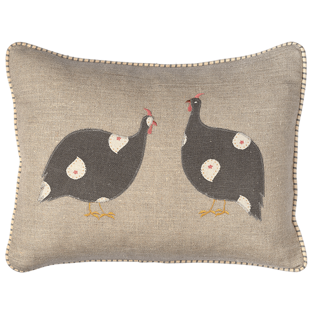 Applique Guinea Fowl Pair Rustic Linen Cushion