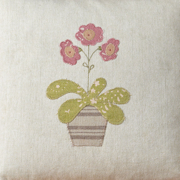 Embroidered Rose Auricula Cotton Cushion