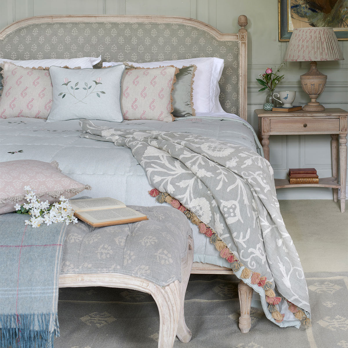 Celadon Crewelwork & Velvet Throw with Tassels | Susie Watson Designs