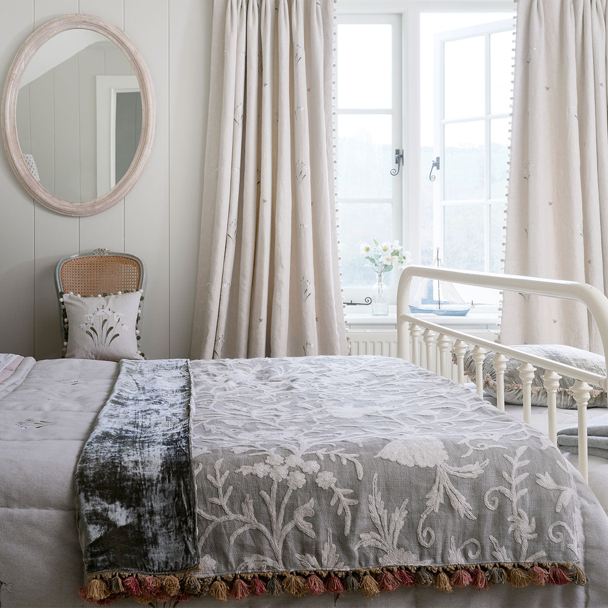 Celadon Crewelwork & Velvet Throw with Tassels | Susie Watson Designs