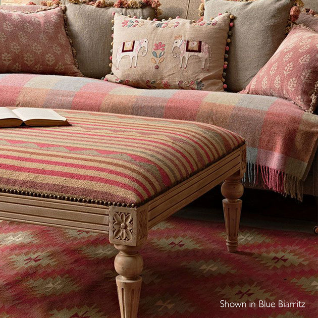 Carved Rectangular Wool Kilim Footstool