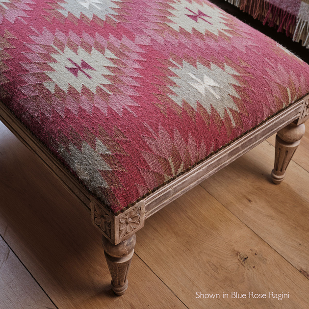 Carved Rectangular Kilim Footstool - Blue Rose Ragini