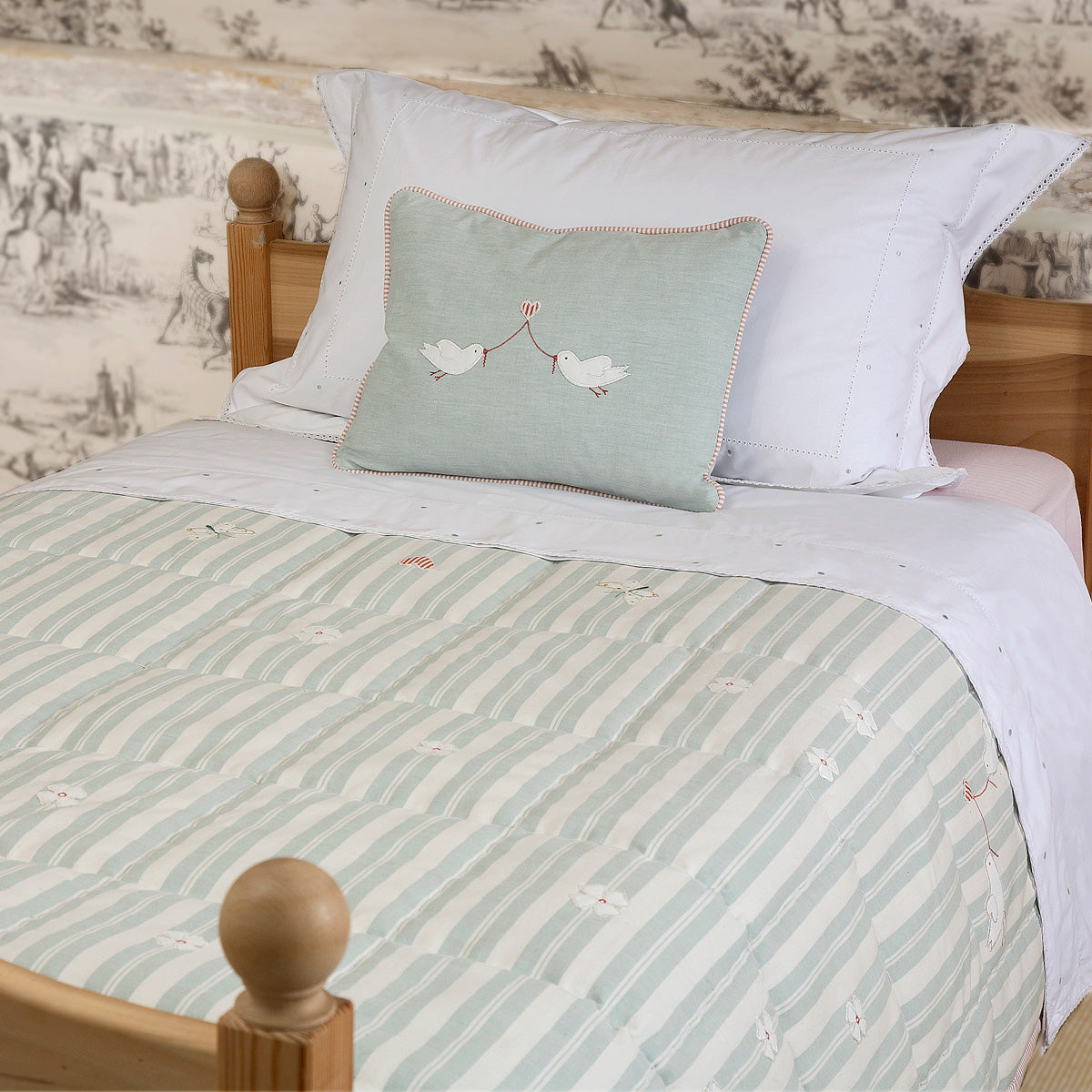 Duck Egg Stripe Bird &amp; Flower Quilt