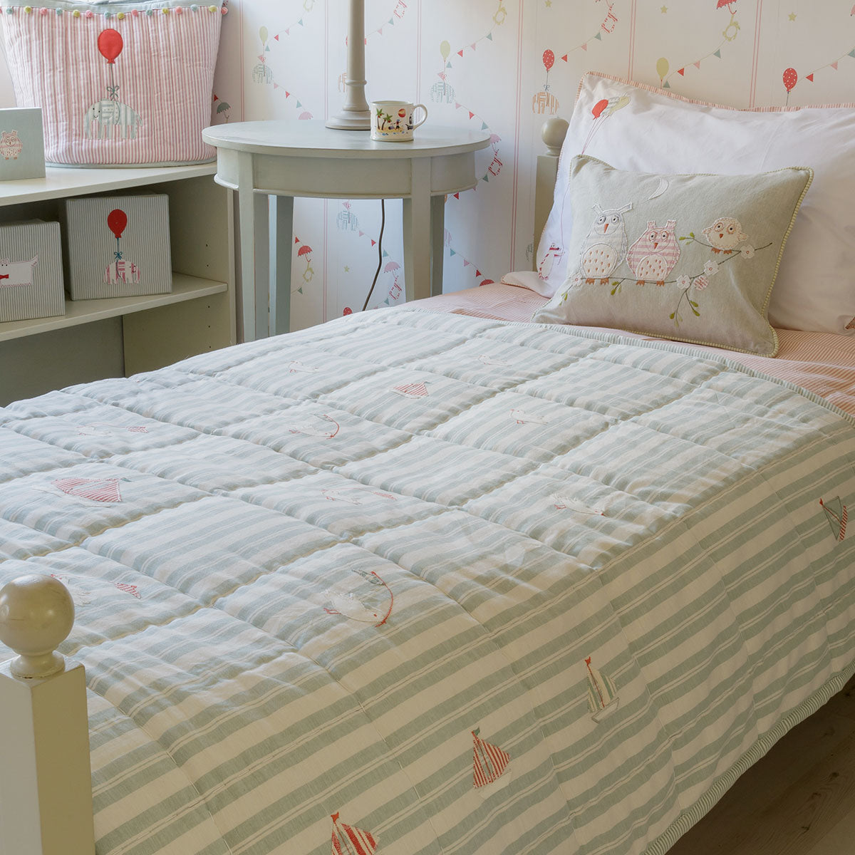 Duck Egg Stripe Bird &amp; Boat Quilt