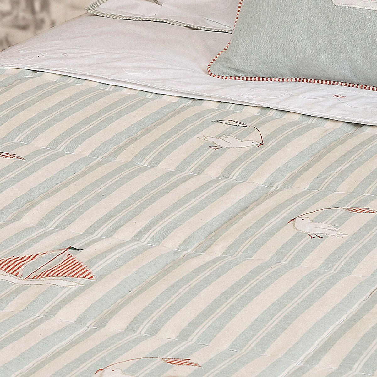 Duck Egg Stripe Bird &amp; Boat Quilt