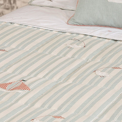 Duck Egg Stripe Bird &amp; Boat Quilt - Single