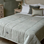 Celadon Embroidered Peacocks Linen Quilt - King Size