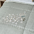 Celadon Embroidered Peacocks Linen Quilt - King Size
