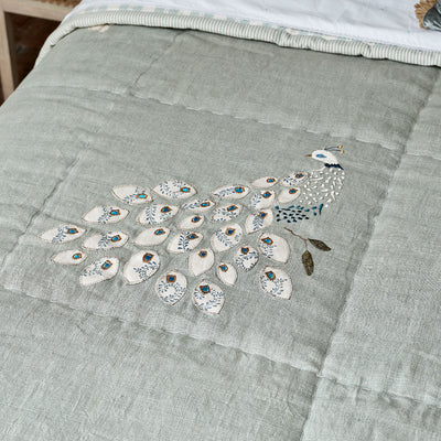 Celadon Embroidered Peacocks Linen Quilt - King Size