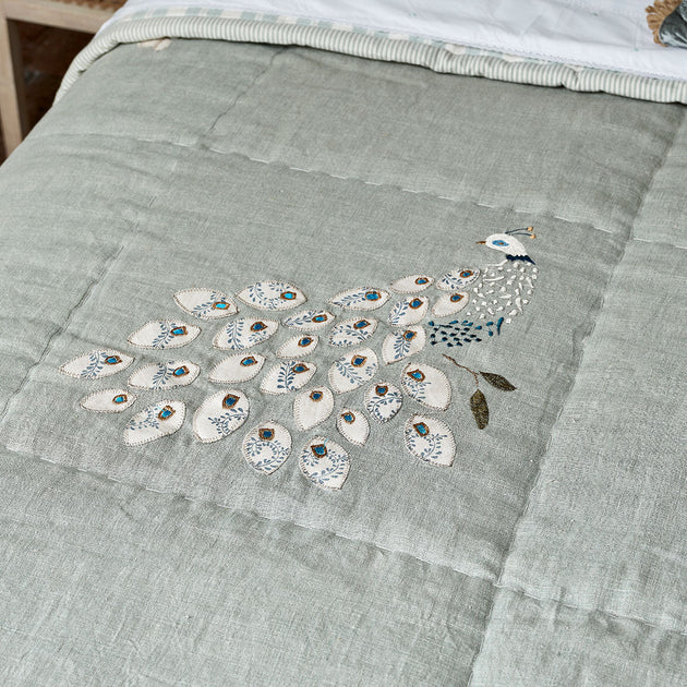 Smokey Blue Embroidered Peacocks Linen Quilt – Super King Size