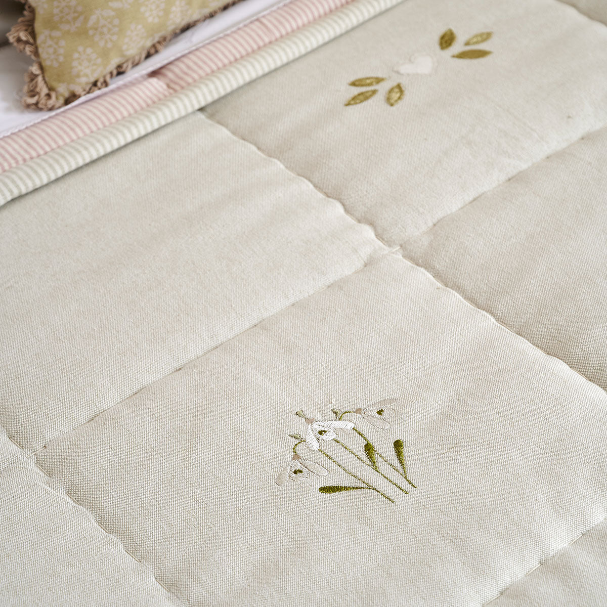 Close view of embroidered snowdrops and quilted stitching