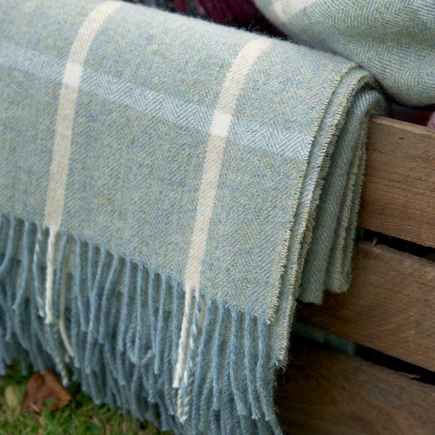 Duck Egg Ivory Check Shetland Wool Throw