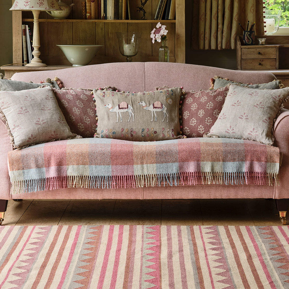 Pale Duck Egg &amp; Faded Rose Harlequin Shetland Wool Throw