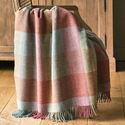 Pale Duck Egg &amp; Faded Rose Harlequin Shetland Wool Throw