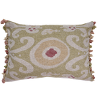 Summer Green Bukhara Rustic Linen Cushion with tassels