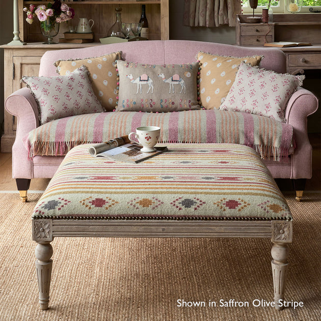 Carved Square Kilim Footstool - Saffron Olive Stripe